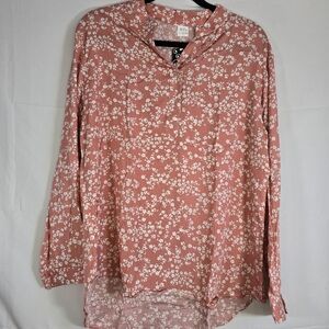 Pink Floral Long-Sleeve Split-Neck Lightweight Blouse